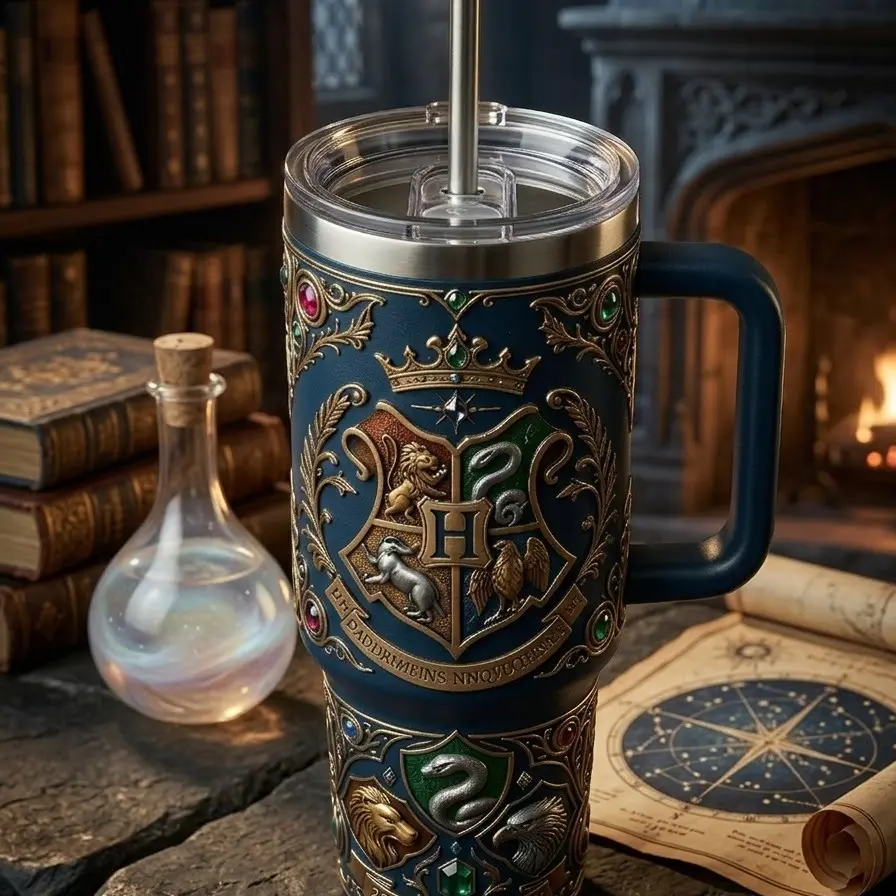 25th Anniversary Wizard School Inspired 40oz Tumbler, Magical Castle Crest Travel Mug with Handle & Straw, Fantasy Witchcraft Gift for Fans