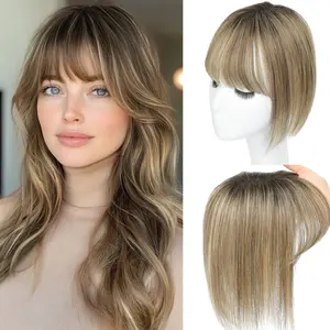 10 Inch Glueless Real Human Hair Topper with Bangs 3×4.5 Inch Swiss Base Clip‑in Hairpiece for Women with Thinning Hair