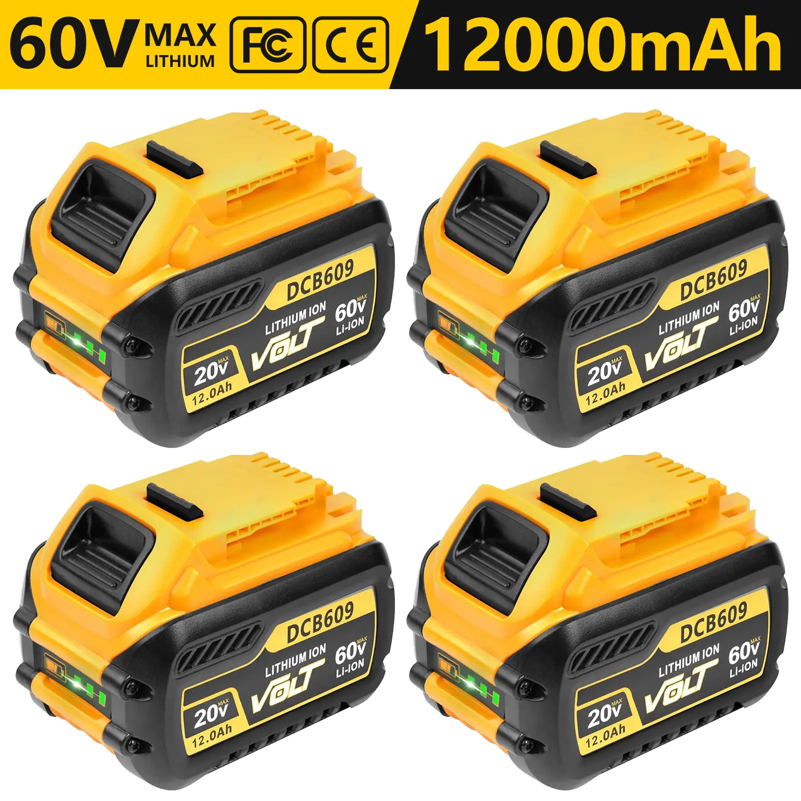 4-Pack 12.0 Ah High-Capacity Lithium-Ion Cordless Power Tool Replacement Batteries - 20V/60V MAX Dual-Voltage Intelligent Technology, Compatible with Dewalt DCB606, DCB609 Series, DCB612, Ideal for Tough Job Sites