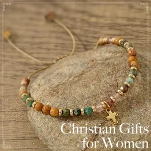 Cross Charm Bracelet, Christian Religious Cross Natural Stone Beaded Bracelet Adjustable Chain Inspirational Bracelet for Women Friend Prayer Communion Easter Catholic Jewelry Gifts