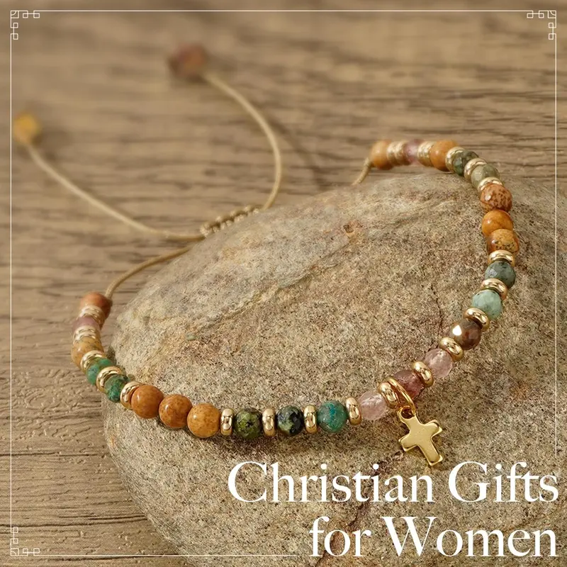 Women's 1-2PCS Christian Cross Natural Stone Beaded Bracelets - Adjustable 6.5-11.02 Inches Chain, Cross Pendant, Sister Gift, Deep Emotional Connections, Easter Catholic Communion Prayer Jewelry