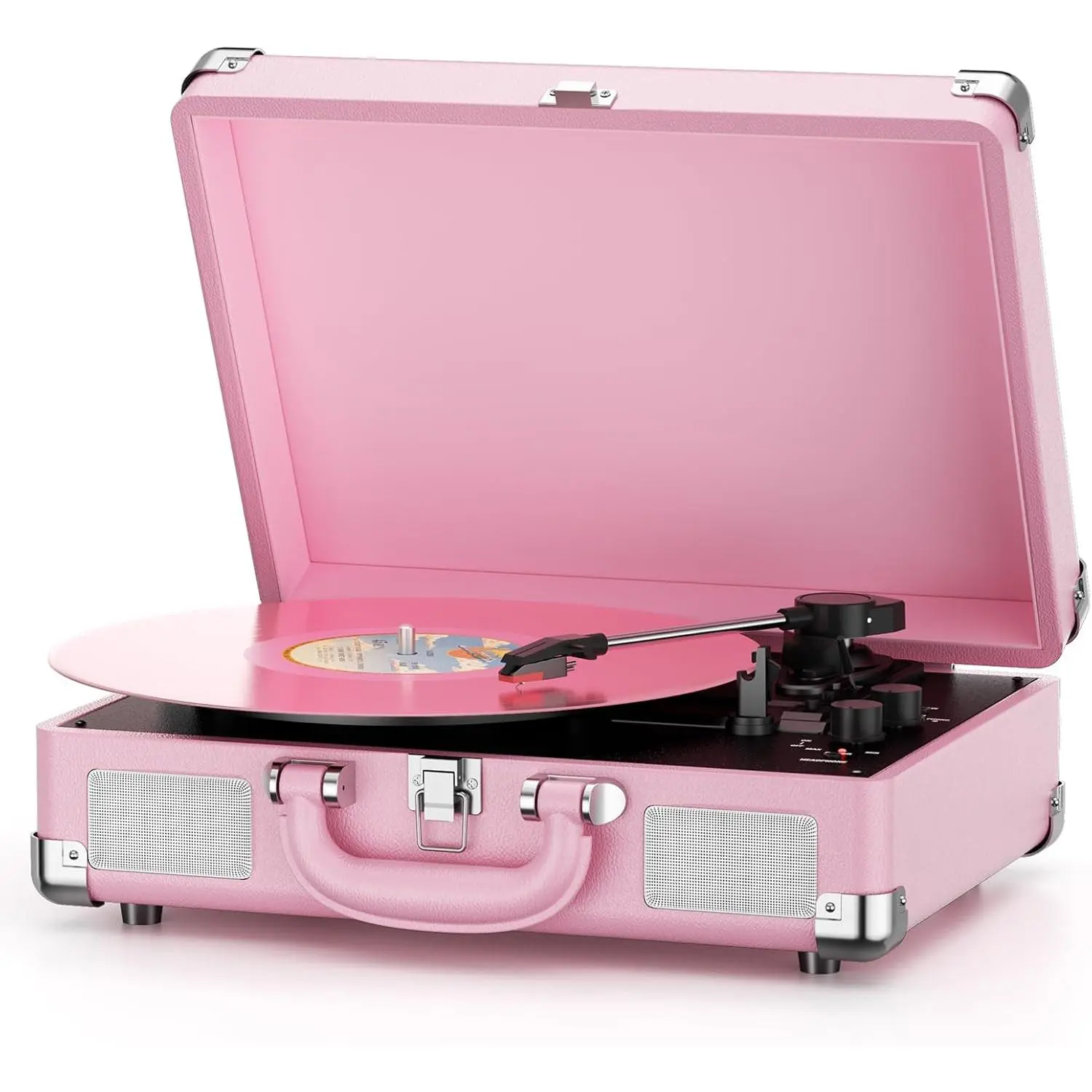 Pink Vintage Belt-Driven 3-Speed Bluetooth Portable Suitcase Record Player with Anti-Skip Play, Built-in Stereo Speakers, RCA Line-Out, Aux In Jack, Headphone Jack