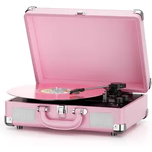 Vintage Belt-Driven Record Player, 3-Speed Bluetooth Portable Suitcase Turntable with Anti-Skip Play, Built-in Stereo Speakers, RCA Line-Out, Aux In Jack, Headphone Jack, Pink