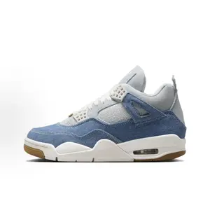Light Blue Denim Mid-Top Sneakers, featuring light blue washed denim upper with grey mesh lining and gum rubber outsole, accented with a gold script lace lock, offering a fresh retro look with street styl