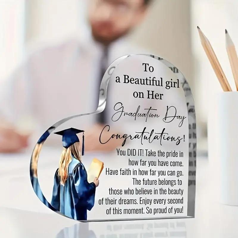 Acrylic Heart-Shaped Inspirational Graduation Gifts For Her Him High School College Masters Degree Phd Graduation Gifts For Students Keepsake For Daughter Son Sister gf wife letter pattern decorative ornament