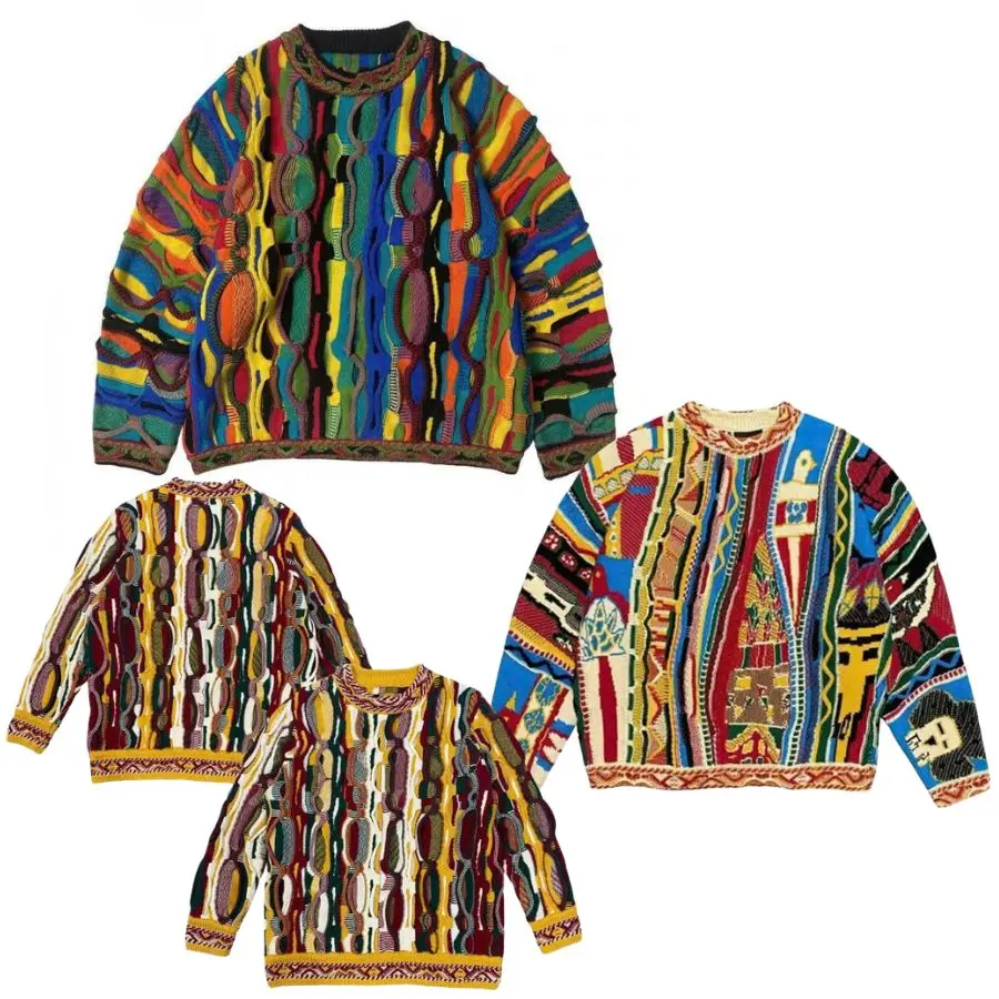 New Kapital Vintage Knit SweaterColorful Vintage Knit Pullover, Retro Pattern Crewneck Sweater, Unisex Streetwear