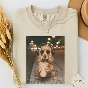 Comfort Colors Funny Cocker Spaniel Drinking Iced Coffee Shirt, Animal Meme Tee, Dog Lover Gift, Funny Spaniel Shirt, Coffee Tee, Dog Mom Gift F9