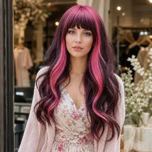 22 Inch Red & Black Y2K Vampire Gothic Wig with Bangs - Heat Resistant Synthetic Hair, Glueless Rose Net Cap for, Body Wave Curly Cosplay Wig (No Adhesive - Short Cut Compatible, Dark Tones)。for Themed Parties, Daily Wear (No Glue Application)