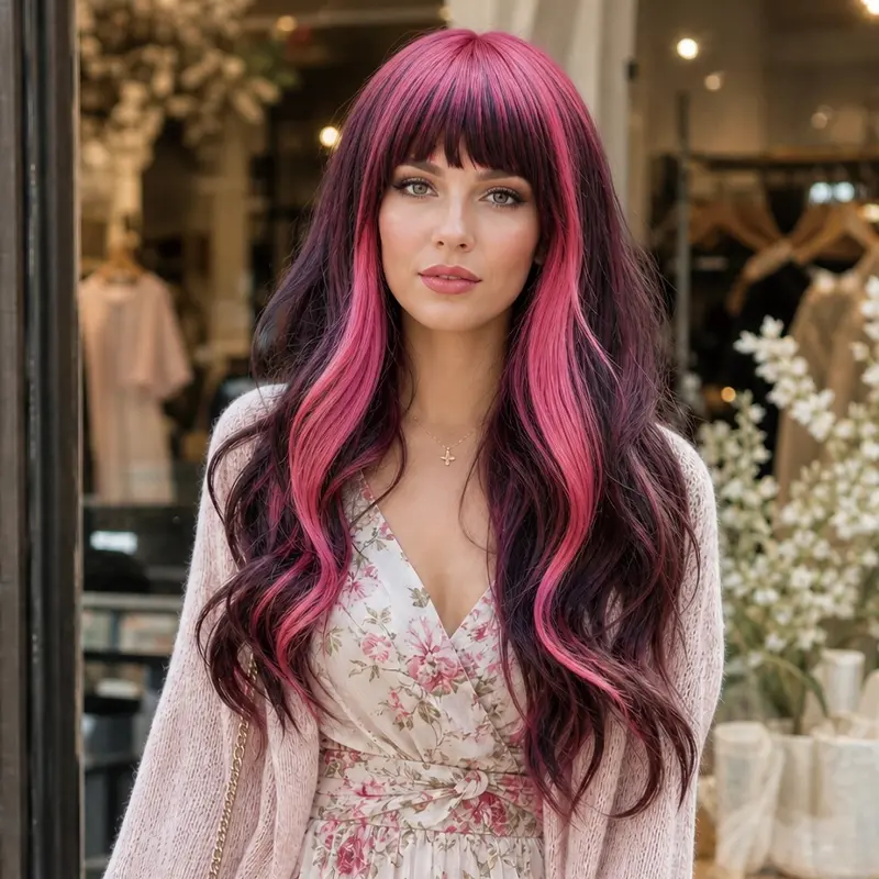 22 Inch Red & Black Y2K Vampire Gothic Wig with Bangs - Heat Resistant Synthetic Hair, Glueless Rose Net Cap for, Body Wave Curly Cosplay Wig (No Adhesive - Short Cut Compatible, Dark Tones)。for Themed Parties, Daily Wear (No Glue Application)