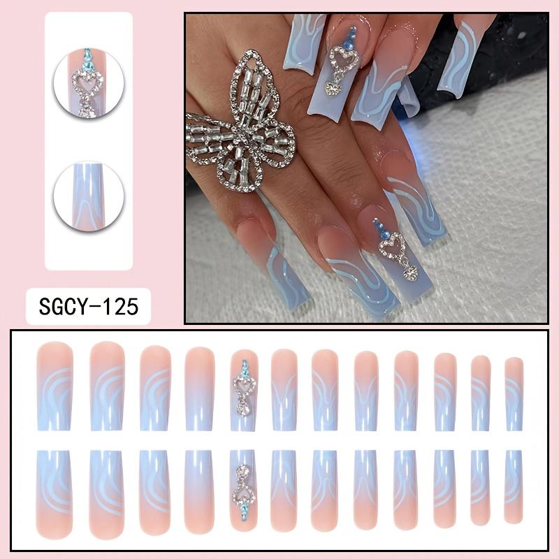 24 Piece Water Pipe Nail Art Set, Blue Gradient Rhinestone Pendant Design, Reusable Fake Nails for Women & Girls Daily Wear