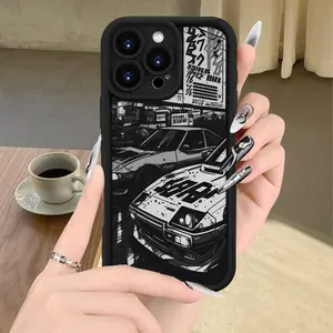 Japanese-Style Anime Car Pattern Printed Black Phone Case for Iphone 16E/15/14/13/12/11/8/7 Pro Max Plus Mini XS XR, High-Quality And Attractive TPU Protective Case, Suitable for Women, Girls, Men, Boys, Perfect Gift for Boyfriends And Girlfriends, Ideal