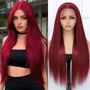 180% Density 99j Burgundy HD Transparent Lace Frontal Wigs 13X6 Lace Front Wig Human Hair Straight Human Hair Pre Plucked With Baby Hair Drawstring Wigs 99j Red Coiored  Wigs Thick Natural Suitable For Beginners Women Human Hair