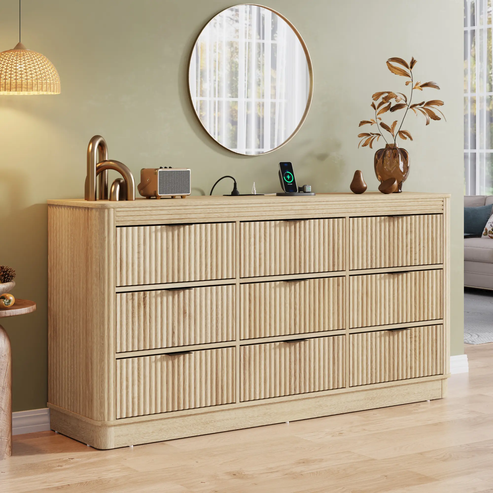fluted wood dresser Bohemian Solid Wood 3-Drawer Fluted Dresser Light Brown main image 1