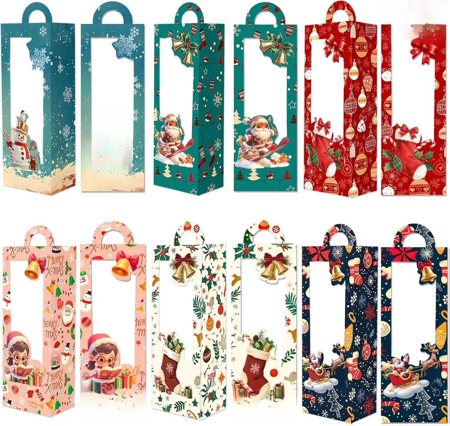 24PCS Christmas Treat Boxes with Handle, 6 Designs Cardboard Gift Boxes with Clear Window for Holiday Cookie Candy Packaging, Christmas House Candy Boxes Party Favor Supplies