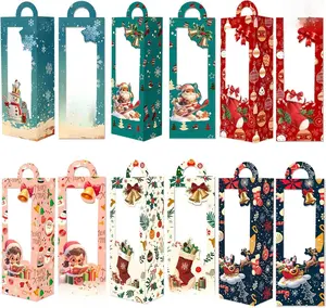 24PCS Christmas Treat Boxes with Handle, 6 Designs Cardboard Gift Boxes with Clear Window for Holiday Cookie Candy Packaging, Christmas House Candy Boxes Party Favor Supplies