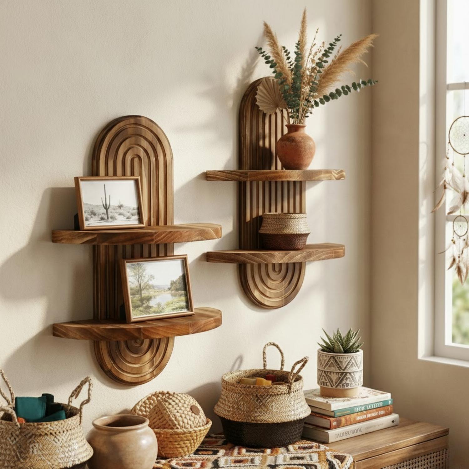 2-Tier Rustic Wood Floating Shelves for Wall, Hanging Plant Shelf Indoor, Wall Mounted Flower Pot Display Rack, Kitchen Storage & Living Room Decor, Window Sill Plant Stand, Bedroom & Entryway Organizer, Suitable for Outdoor Entrance Decoration