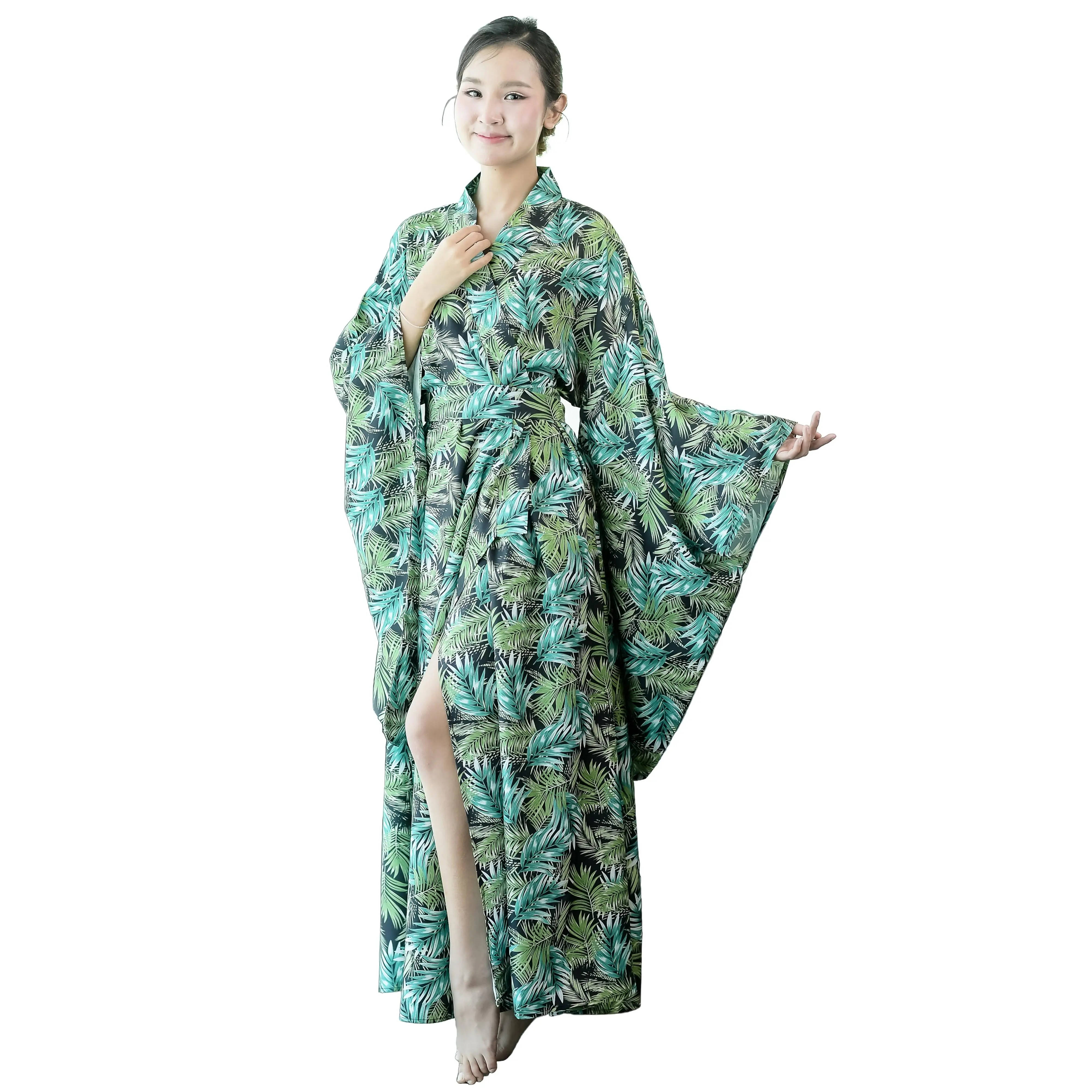 NA'RAK Women's Yukata Kimono Robe : Green Palm Leaf