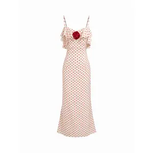 Cider Satin Polka DotV-Neck Ruffle Maxi Dress