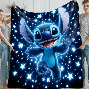DISNEY CLASSIC Stitch Black Flannel Blanket with Blue Stars - Soft Warm Cozy Throw for Bed, Sofa, Office & Camping