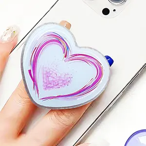 Cute Collapsible Heart-Shaped Phone Grip with Holographic Color Stripes - Kawaii Pink Phone Holder Stand for iPhone, Kindle, iPad | Aesthetic Phone Charm & Accessories for Girls & Women