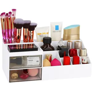 Desk Organizer,  Makeup Vanity Organizer Box, Bathroom Counter Makeup Storage for Eyeshadows,  Care, Concealers, Powders,  Polish (White)