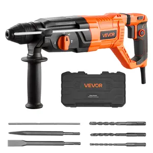 VEVOR Rotary Hammer Drill, Summervibes, 1-1/8 in SDS-Plus Electric Corded Heavy Duty Rotary Hammer, 4 Functions, Including 3 Drill Bits, Flat Chisel, Pointed Chisel, and Carrying Case, for Concrete and Masonry