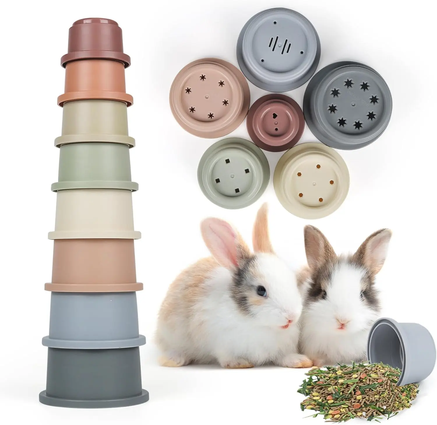 Stacking Cups for Rabbits, 8PCS Stackable Bunny Toys, Plastic Pet Nesting Snack Container, Chinchilla, Guinea Pig Parrot Enrichment Playset for Hiding Food Playing