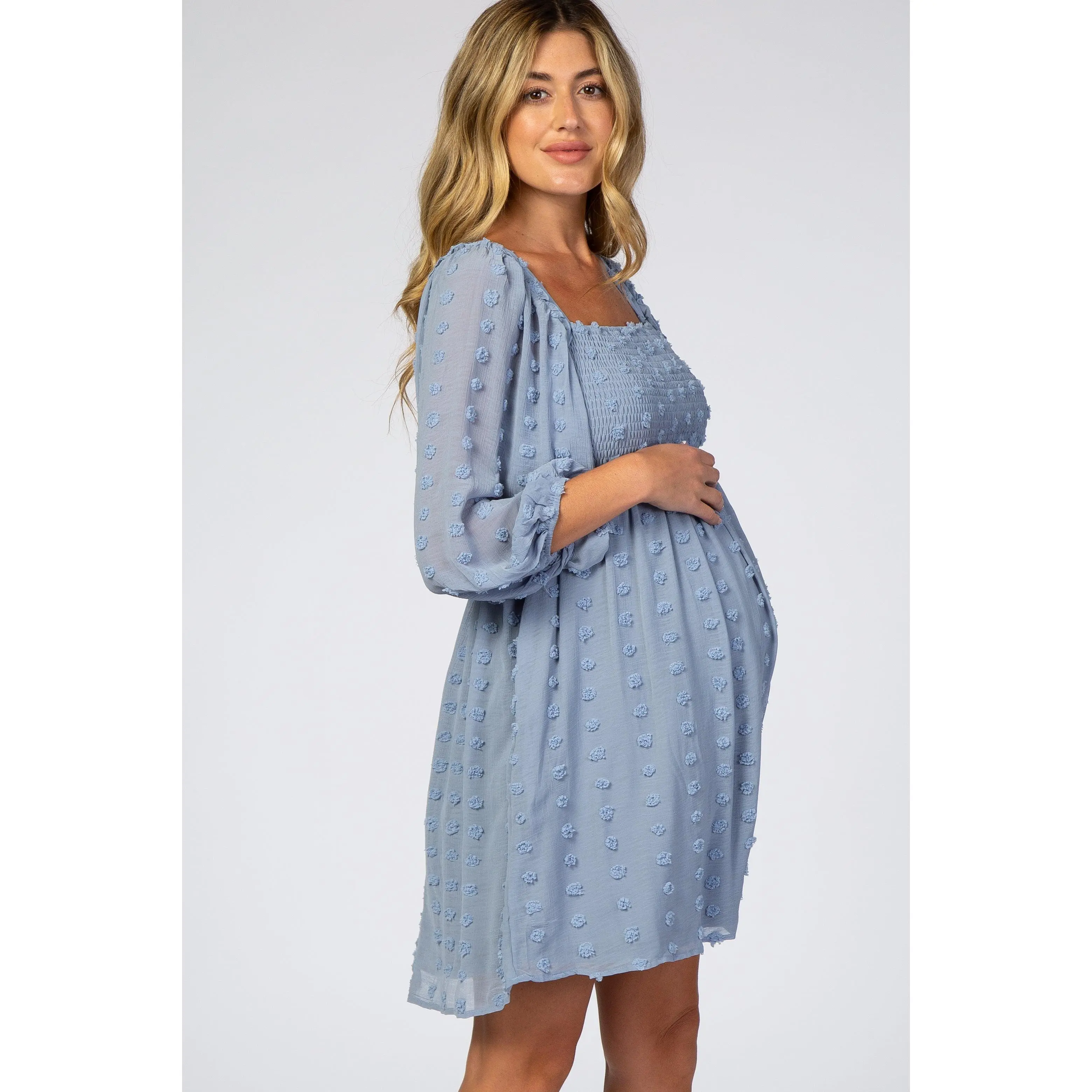 Light Blue Textured Dot Smocked Square Neck Chiffon Maternity Dress