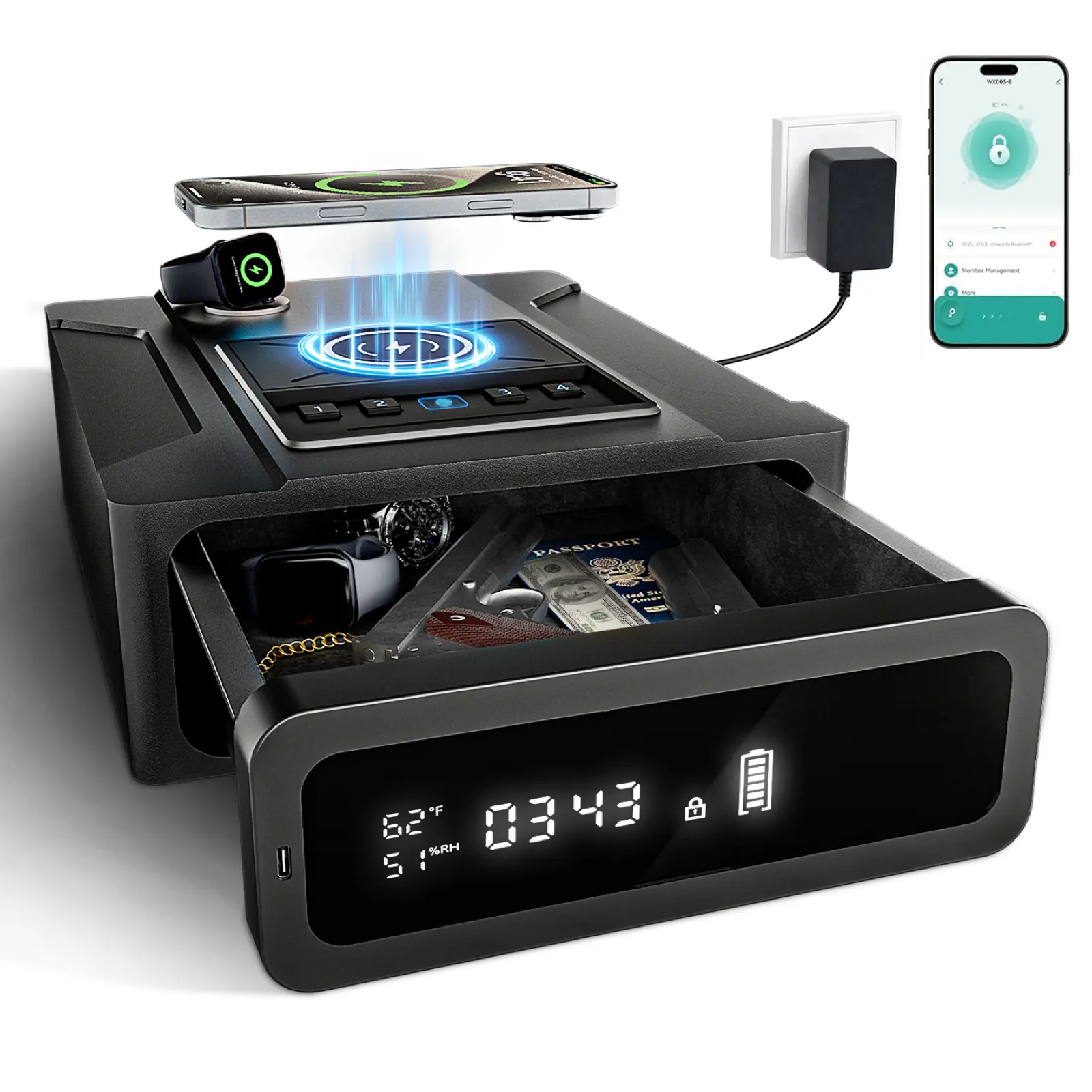 XDEER Rapid-Response Bedside Handgun Safe - Anti Theft Safe with Wireless Charging, Biometric Fingerprint, Backlit Keypad, Built-in LED Light, Digital Clock, Key Lock, 9.1"d x 7.5"w x 2.2"h - For Nightstands, Gifts for Boyfriend