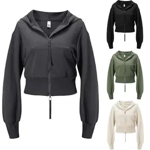 Womens Cropped Hoodie Double Zipper Workout Jacket Pullover Top Stylish Cropped Fit Basic Collared Long Sleeve Minimalist woman