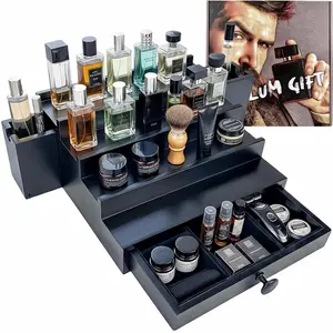 Wooden Cologne Organizer for Men 4 Tier | Black Perfume Holder Shelf for Dresser | High Grade  Lining and Stylish  Box | Uncluttered Design Perfume Display Stand