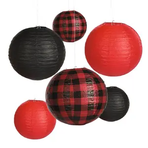 8" - 12" Red Buffalo Plaid Hanging Paper Lanterns - 6 Pc.