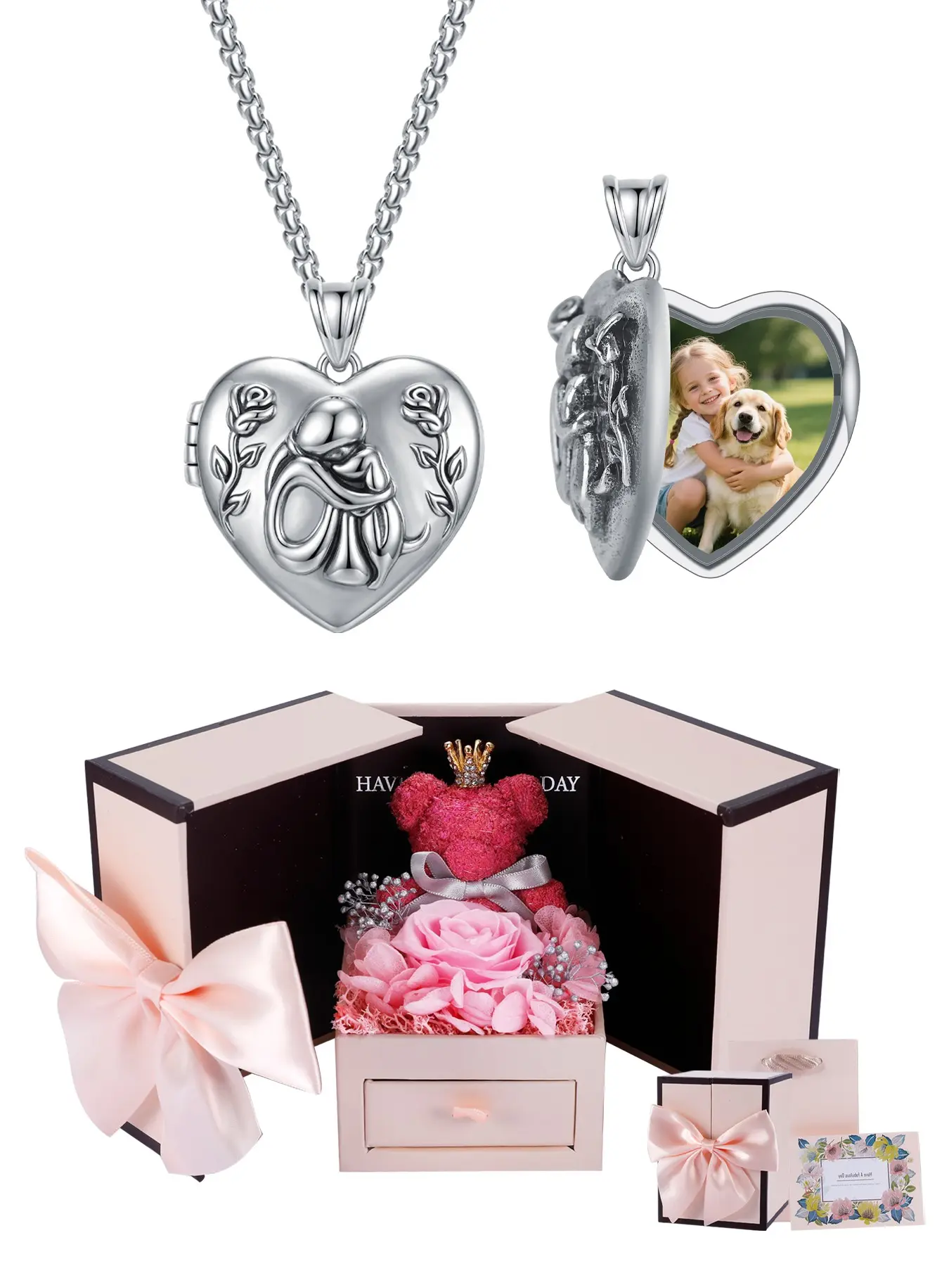 Girl And Puppy Locket Necklace With Moss Bear Rose Jewelry Gift Box, Animal Locket Necklace That Holds Pictures, Locket Pendant, Photo Necklace, Memory Necklace, Birthday Christmas Jewelry Gift for Family Girl Animal Lover