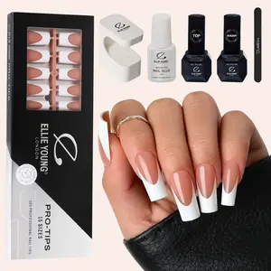 ELLIE YOUNG Pro-Tips Long Square White French Tips with Brown Base, 150pc Press-On Nails Kit – 15 Sizes, Matte Gel Acrylic Look, Soft Gel DIY Extensions