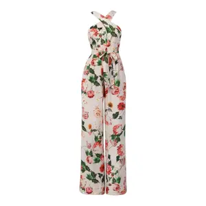 Mikael Aghal Ivory Floral Cross-Neck Sleeveless Jumpsuit with Tie Waist