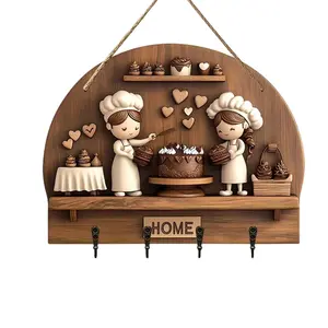 Vintage Wooden Key Rack with 4 Hooks, Wall-Mounted Key Holder for Home Entrance, Kitchen, Hallway, Restaurant, Decorative Key Storage, Wall Mounted Organizer