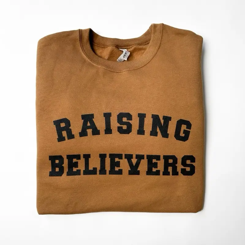 Women's "Raising Believers" Screen Print Casual Cozy Sweatshirt, Comfortable Fit Tops, Pullover, Hoodie, Long Sleeve, Clothes, Text Print, Soft Fabric