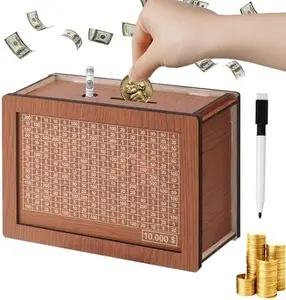 Wooden Saving Challenge Box for Kids Adults - 10,000 10k Dollar Coin Cash Vault, Wooden Piggy Bank Box with Numbers, Decor & Ornaments