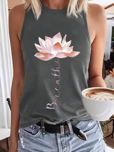 Women's Summer Casual Loose Fit Sleeveless Vest, Lotus Letter Print, Soft Comfortable Home Wear Essential, All Seasons Fashion