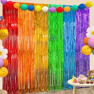 4 Pack 3.3 x 6.6 FT Rainbow Party Decorations Foil Fringe Curtains Photo Backdrop, Rainbow Tinsel Metallic Streamers Holiday Photo Booth Props for Birthday Birthday Wedding Engagement Bridal Shower