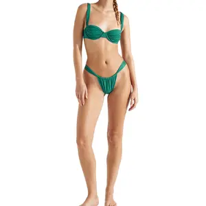 Women's 2-Piece Bikini Swimsuits Solid Colors Ruched Bra and Elastic Thong Sets for Summer Beachwear Bathing Suit