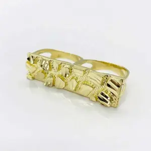 14K Gold Plated Double Nugget Ring for Men Women Unique Modern Design Double Finger Ring
