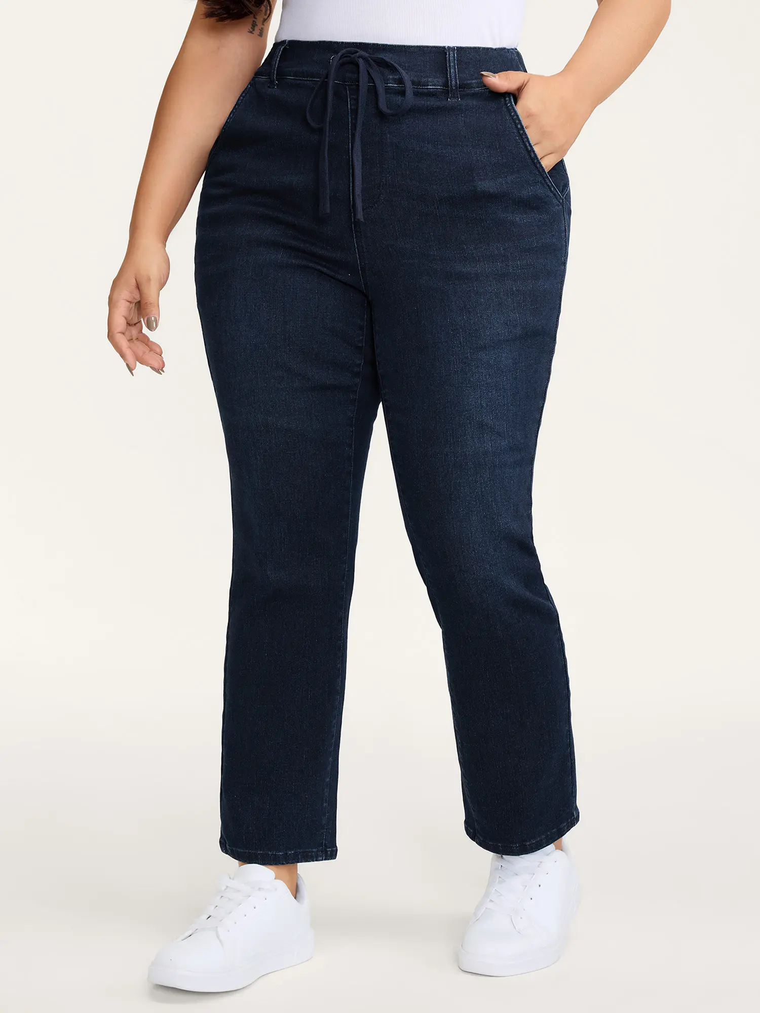 BLOOMCHIC Women's Plus Size High-Waisted Tummy Control Dark Wash Denim Pants - Casual Affordable Fashion, Supersoft Spandex Fabric, Elastic Drawstring Waistband, Straight Leg with Pocket, Chic Curve Pants [M-6X] Summer Finds, Bottom, Dark Wash Jean, Plus,