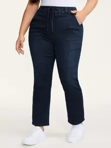 【Summer Turn-Up】【Tummy control】BlOOMCHIC plus size Supersoft Elastic Waistband Drawstring Straight Leg Jeans Darkindigo Minimalist -Size Casual Denim High Waisted Design Streetwear [M-6X] 2026 Summer Pick for Mother's Day Women Bottom