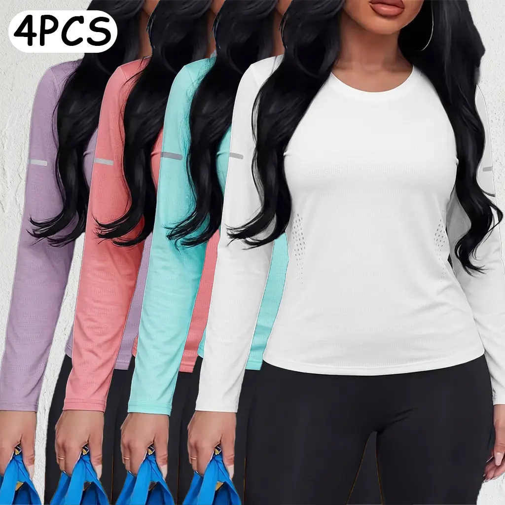 4-pack women’s long-sleeve shirts—very casual wear, outdoor sports tops suitable for hiking, leisure, and office settings. backtoschool