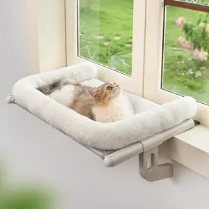 Window Sill Perch with Large Bolster, Easy to Adjust & Assemble  Window Seat for Windowsill & Bedside, Pet Hammock Bed for Large Cats and Kittens (White, M)