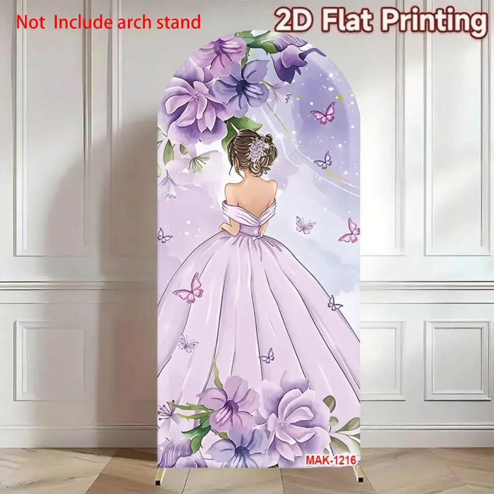 Mis Quince Girl 15th Birthday Arch Backdrop Cover Purple Butterfly Floral Flowers Princess Dress Party Decoration 2-Sided Elastic Background Birthday Celebration Photo Backdrops