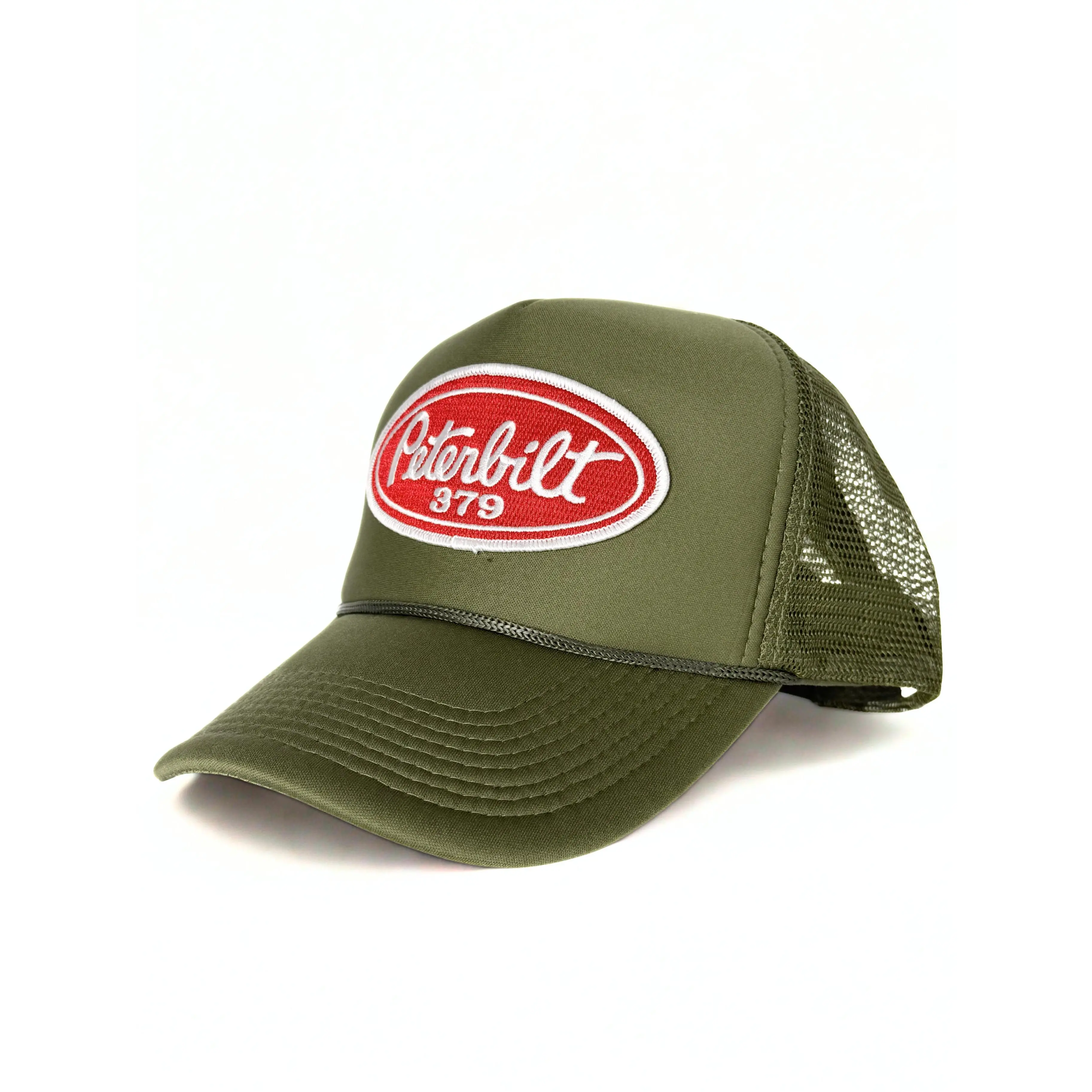 Peterbilt 379 Semi Truck Snapback Trucker Mesh Cap Olive Green and Red Embroidered Adjustable Cap