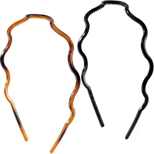 2pcs Wavy Headbands for Women, 2 Colors Plastic Non-Slip Thin Headbands with Teeth, Comfort Skinny Hairbands Classic Hair Accessories for Daily, Party - Black, Tortoiseshell
