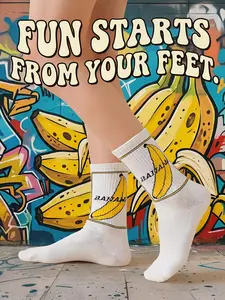 Funny Banana Pattern Casual Mid-Calf Socks, Comfortable and Versatile, Pure Color, Perfect for Daily Wear, Women's Fashion Footwear